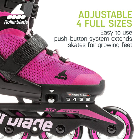 Girls Adjustable Inline Skates For Fitness And Fun Pink Bubblegum Durable Youth Skates with four-size fit buttons visible