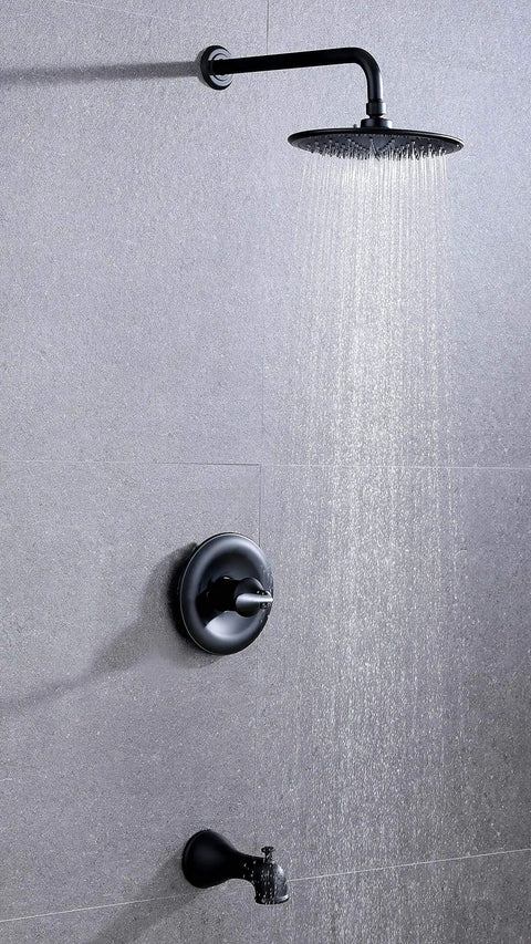 Single Handle Anti Scald Tub And Shower Faucet With 9 Inch Showerhead And 14 Inch Arm And Spout Matte Black Finish Easy Install