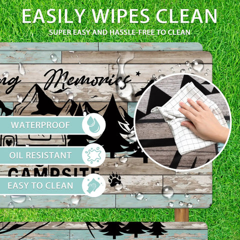 Hand wiping Outdoor Picnic Table Cover With Elastic Edges And Bench Covers, Waterproof Fitted Tablecloth In Teal Wood Texture, 72 By 30 Inches Rectangle, Ideal For RV Trips Camping Picnics And Travel