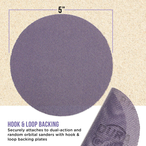 Top Shelf 120 Grit 5 Inch Purple Ceramic Mesh Sanding Discs Sticky Hook And Loop Backing For Random Orbital Sanders Box Of 30, showing mesh detail.