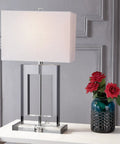 Clear And Black Crystal Table Lamp With Modern Geometric Glam Glass And White Linen Drum Shade 26 Inch Tall LED Bulb Included