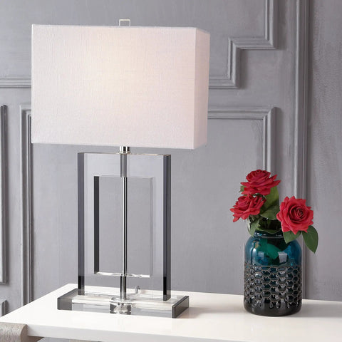 Clear And Black Crystal Table Lamp With Modern Geometric Glam Glass And White Linen Drum Shade 26 Inch Tall LED Bulb Included