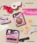 Assortment of fashion accessories including Liquid Fashion Tape Roll On Adhesive, breast covers, and belt alternatives on a beige background.