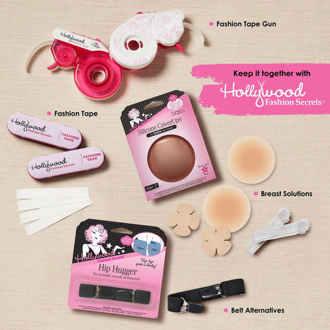 Assortment of fashion accessories including Liquid Fashion Tape Roll On Adhesive, breast covers, and belt alternatives on a beige background.