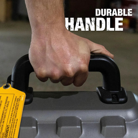 Person holding handle of Outdoor Portable Propane Forced Air Heater 70,000 BTU Heats Up To 1,750 Sq Ft Corded Or Cordless