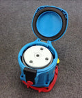 Hardcore Heavy Duty Ds60 Receptacle Featuring Built In Switching Mechanism IP55 Weather Proof Industrial Power Outlet For Tough Job Sites And Big Rig Work 690V Ac, top view showing opened blue cover.