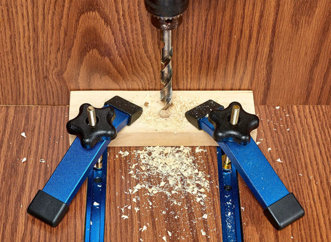 Beefy Aluminum T Track Hold Down Clamps For Woodworking Six And Three Eighths Inch Long One And A Quarter Inch Wide Heavy Duty 6063 Aluminum Fine Sandblast Blue Finish Two Pack used in drilling