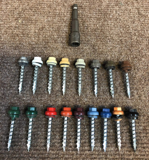 Heavy Duty 1.5 Inch Metal Roofing Screws For OSB And Wood With Domed Cap And EPDM Washer, Self Piercing Type 17 Point, Zinc, 500 Count