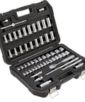 Open case of Three-Eighths Inch Drive Socket Set, 34-Piece, 6-Point SAE and Metric, DirectTorque Technology sockets displayed.