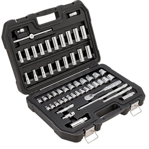Open case of Three-Eighths Inch Drive Socket Set, 34-Piece, 6-Point SAE and Metric, DirectTorque Technology sockets displayed.