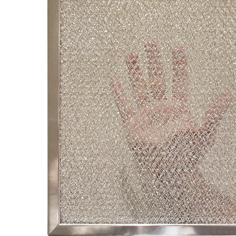 Aluminum Hood Vent Filter Replacement 10.5 By 8.75 Inch with hand showing metal mesh texture, fits hood series 11000 40000 46000 USA