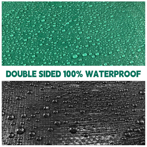 Heavy Duty 15x15 Ft Waterproof Tarp With Durable Reinforced Edges And Grommets, UV Resistant 10 Mil Thick, Green And Black, water droplets