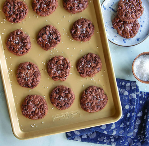 Nonstick Aluminum Half Sheet Pan 13 By 18 Inches With Reinforced Steel Rim For Even Baking And Easy Release Hand Wash Only with chocolate cookies