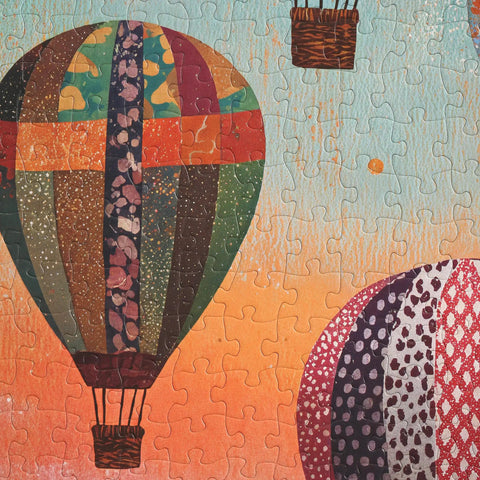 Close-up of 1000 piece jigsaw puzzle for adults with colorful hot air balloons, high resolution detail, wall decor