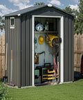 5x3 Ft Metal Outdoor Garden Storage Shed Waterproof with Window and Lockable Double Doors Durable Steel Tool Storage House for Patio and Lawn Gray Great For Garage And Yard Organization showing open doors full of tools inside.