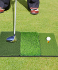 3-In-1 Golf Hitting Mat Foldable Grass Mat With Tri-Turf showing different turf textures with club and ball on grass