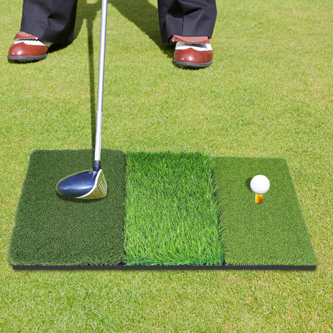 3-In-1 Golf Hitting Mat Foldable Grass Mat With Tri-Turf showing different turf textures with club and ball on grass