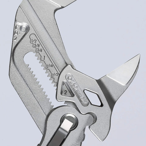 Close-up of Heavy Duty Adjustable Pliers Wrench With Quick Set Button On The Fly Infinite Jaw Width and Parallel Jaws Model 86 03 250 SBA