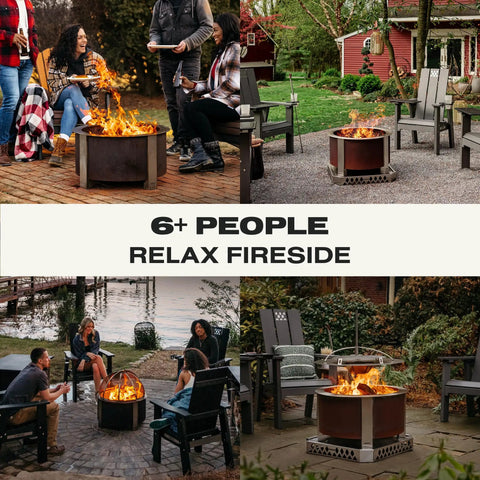 Groups enjoying the Smokeless Fire Pit For Outdoor Hangouts, 27.5 Inch X Series 24 Corten Steel Backyard Heater, Heavy Duty 62 Pound Build.