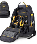 35-Pocket Solid Molded Base Heavy-Duty Tool Backpack With Waterproof Reinforced Bottom Laptop Compartment tools visible