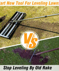 Pro-Grade Heavy-Duty Lawn Leveling Rake With Aluminum Roller Base and adjustable handle leveling grass compared to old rake