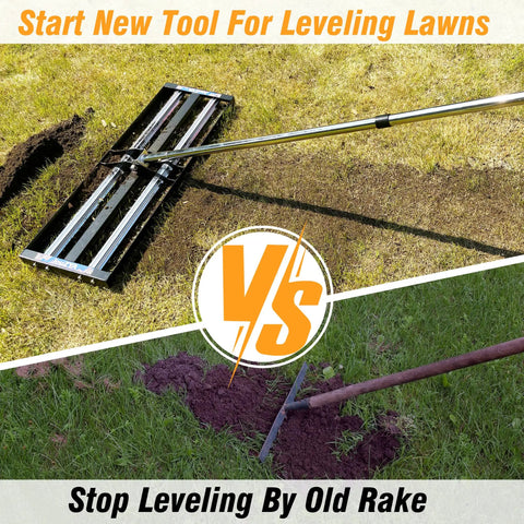 Pro-Grade Heavy-Duty Lawn Leveling Rake With Aluminum Roller Base and adjustable handle leveling grass compared to old rake