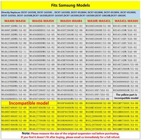 Compatibility chart for upgraded washer suspension rods DC97-05280W set for Samsung front load washers, model fits