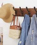 Wall Mounted Coat Rack With Five Tri Hooks, Heavy Duty Wooden Coat Hanger For Clothes Hats And Jackets, Rustic Burnt Wood Finish In Natural And Black, Sturdy Pine Board.