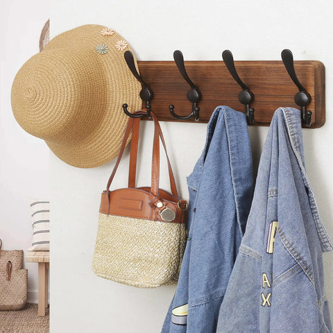 Wall Mounted Coat Rack With Five Tri Hooks, Heavy Duty Wooden Coat Hanger For Clothes Hats And Jackets, Rustic Burnt Wood Finish In Natural And Black, Sturdy Pine Board.