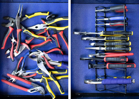 Heavy-Duty Plier Organizer Rack Set for tool boxes and chest drawers showing neat plier storage next to a disorganized pile