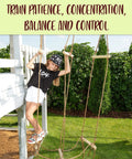 Child practicing on Backyard Ninja Rope Bridge Ladder for Obstacle Course Training with 3 Delta Carabiners, 3.3 Ft x 5.9 Ft