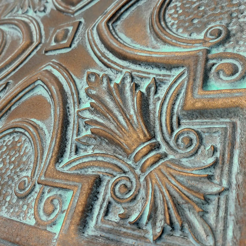 Close-up of Retro Copper Faux Tin Ceiling Tiles Pack Of 10 For DIY Drop In Or Glue Up Install, 2x2 Grid Fit, PVC Panels, Weathered Look