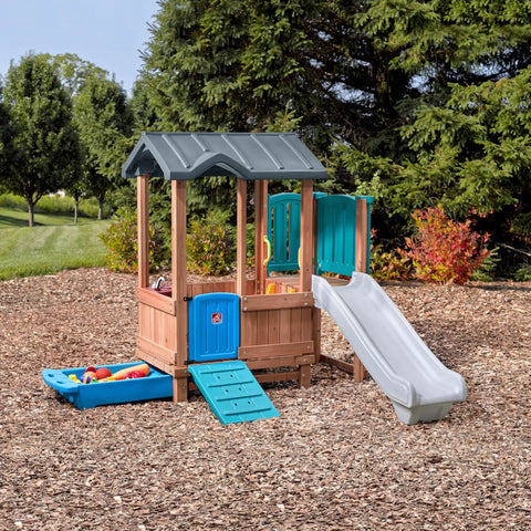 Woodland Adventure Playhouse With Slide And Swings Outdoor Kids Playset For Backyard Storage Drawer durable wood and plastic