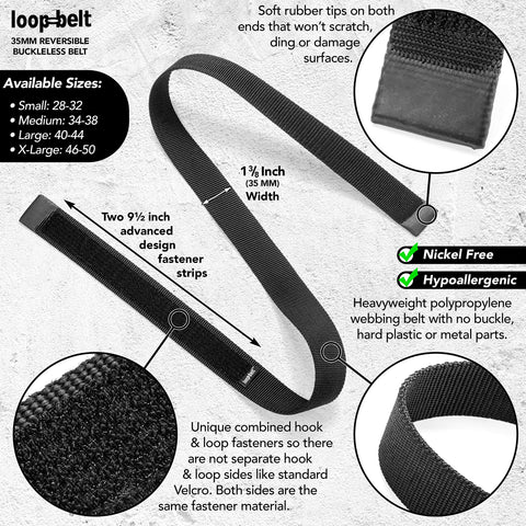 No Scratch Reversible Web Belt With Advanced Hook And Loop Fasteners Black One And Three Eighths Inch Wide Heavyweight Webbing No Buckle Design Nickel Free Hypoallergenic For Size 34 To 38 Medium