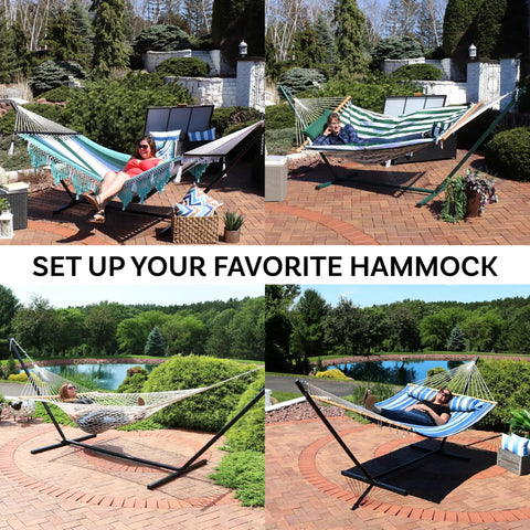 Go To Double Hammock Stand For Outdoor And Indoor Use 400 Pound Capacity 15 Foot Frame With Black Powder Coated Finish Weather Resistant Heavy Duty Hammock Stand With 20 Inch Heavy Gauge Chains in garden setup