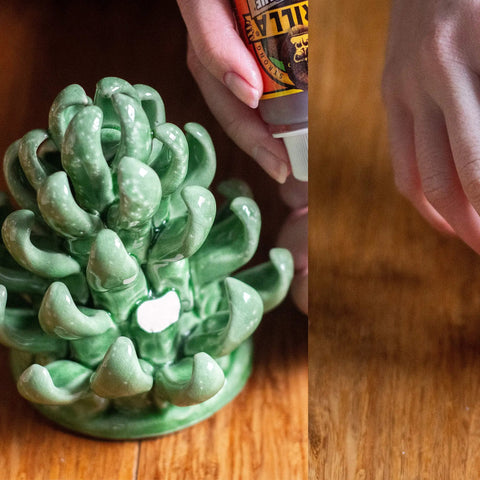 Applying Heavy Duty Waterproof Polyurethane Glue For All Materials That Expands To Create A Bond Like Crazy on ceramic object