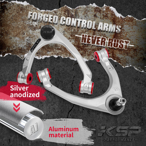 Beefy Aluminum Forged Upper Control Arms For 2 To 4 Inch Lift With Flexible Ball Joint 2 Piece Set, silver anodized finish