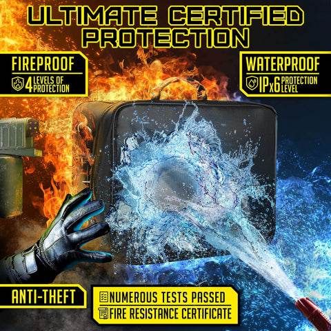 Fireproof Document Bag With Lock For Papers And Gadgets, Water Resistant, Heavy Duty 4 Layer Silicone Coated Fiberglass, Aluminum Foil Lining To Prevent Overheating, Patent Pending Protection, 14.2 X 10.6 X 4 Inch with fire and water resistance demonstration
