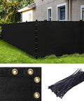 Heavy Duty Fence Privacy Screen For Six Foot By Fifty Foot Fences With Bindings And Grommets High Density 190 GSM Fabric Delivers Ninety Percent Blockage Cable Zip Ties Included Custom Size Available Backyard Privacy For Nosy Neighbors installed on a garden fence with close-up of fabric, grommets, and zip ties