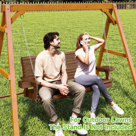 People sitting on a Two Seater Front Porch Swing With Cupholders Wooden Outdoor Swing Bench For Patio And Backyard Upgraded 22 Inch Deep Seat Heavy Duty 880 Lb Chains Teak Tone Finish Ergonomic Backrest For Ultimate Kickback Outdoor Vibes