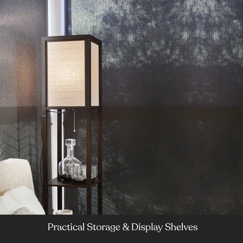 Maxwell Dope Modern Shelf Floor Lamp With Shade And Warm White LED Bulb, Havana Brown finish, corner display with shelves
