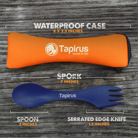 Four Blue Sporks To Go Set With Carrying Case 7 Inch Durable BPA Free 3 In 1 Camping Utensil Kit Spoon Fork And Serrated Knife For Camping Hiking Hunting And Outdoor Adventures