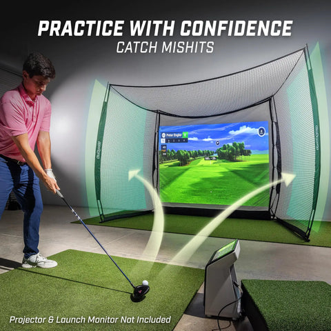 Man practicing golf with Backyard Golf Practice Net Cage 10x8 Ft Enclosed Swing Zone with side and top netting impact screen