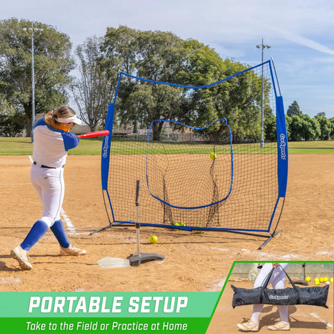 Person using Team Tone 7 Ft By 7 Ft Baseball And Softball Practice Net For Hitting, Pitching, Fielding And Backstop Use In Royal Team Color on field.