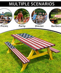 American Flag Picnic Table Cover Set With Elastic Waterproof Bench Covers for outdoor use fits 72x30 table and 72x12 benches.