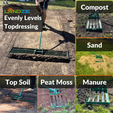 Heavy Duty Lawn Leveling Rake With A 36 Inch Steel Handle for fast yard leveling and flat surface creation on different soils