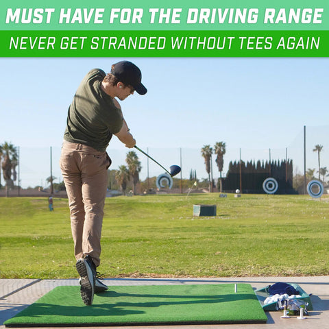 Golfer using Durable Golf Rubber Tees Set With 1.5, 2.25, And 3.5 Inch Heights For Indoor And Outdoor Mats on driving range