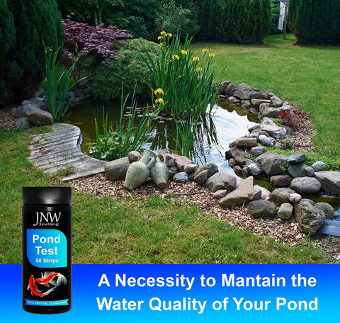 Game Changer 7 In 1 Pond Water Test Kit With 50 Strips For Fish Tanks And Koi Ponds tests water in a serene garden pond setting.