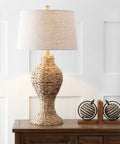 Natural Woven Water Hyacinth Table Lamp 31 Inch for Living Room Coastal Farmhouse Urn Base with Gray Linen Drum Shade LED Bulb Included Great for Bedroom Nightstand Vibe