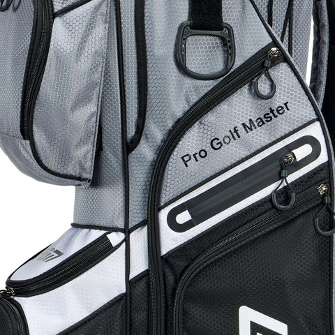 Close-up of 14 Way Organizer Golf Cart Bag With Silent Dividers and Rain Cover, featuring handles and durable black material.